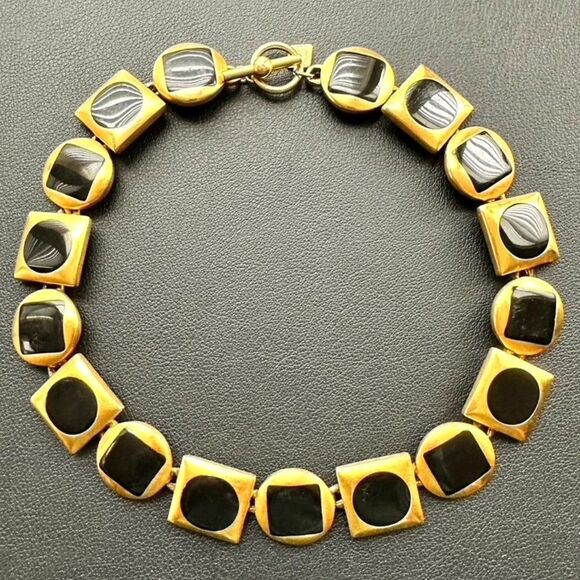 Vintage 90s Y2k Anne Klein Gold & Black Enamel Toggle Necklace - Picture 1 of 6